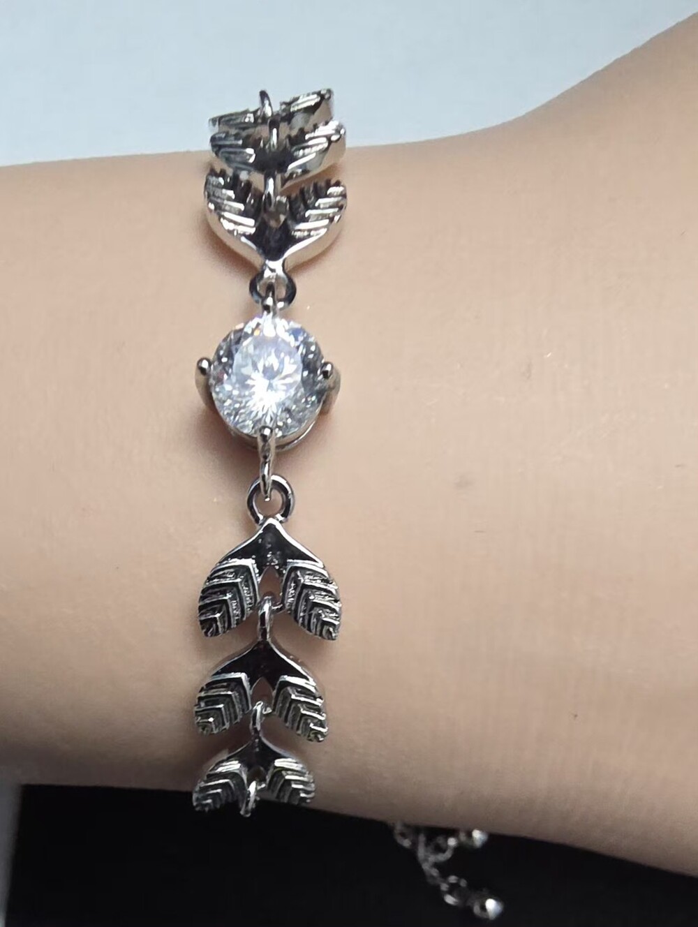 Silver Leaf Branch Adjustable Slider Bracelet with Clear Crystal